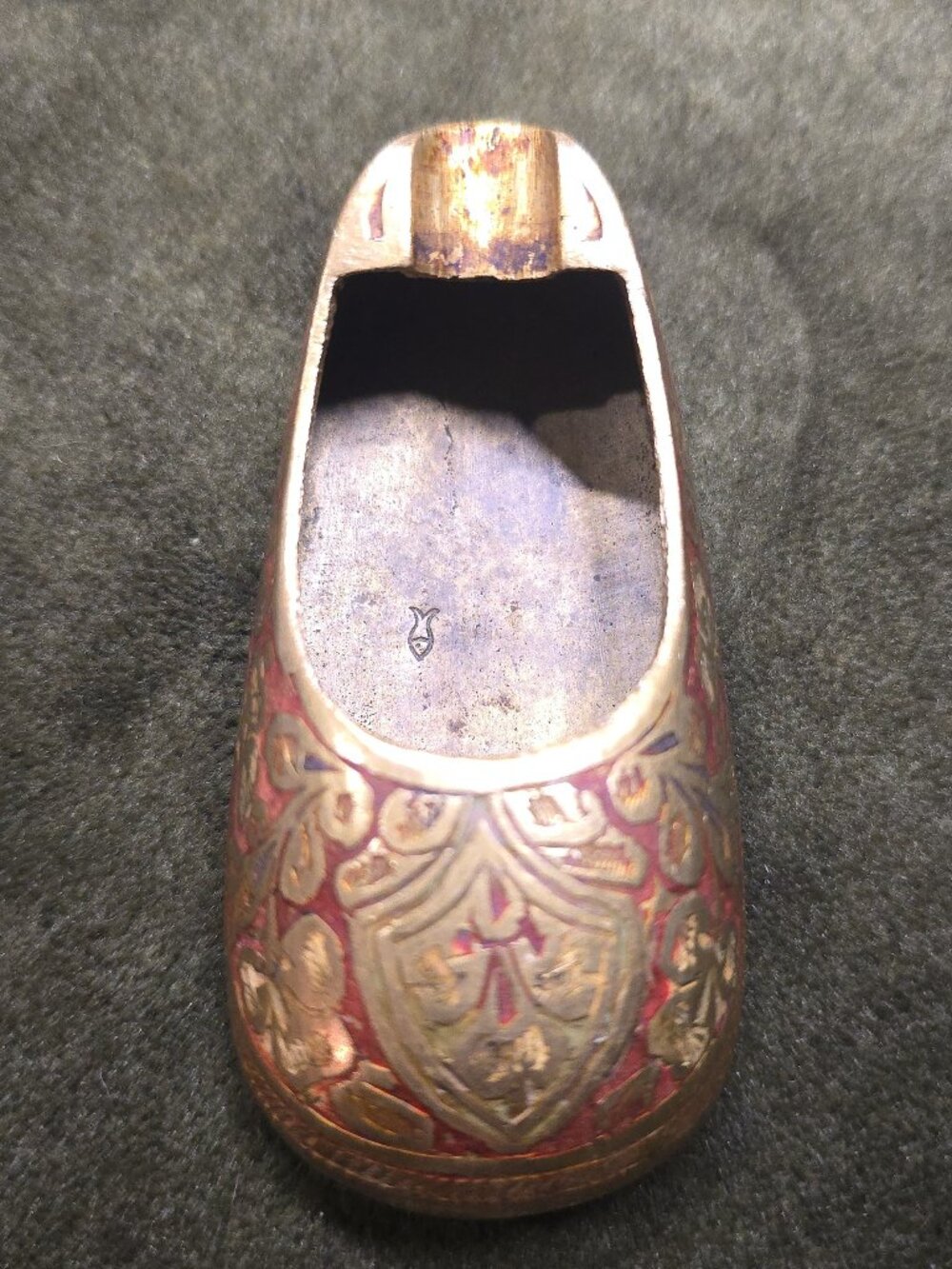 Vintage Brass Slipper Shoe Ashtray Made in India Etched Red Enamel Floral Mini